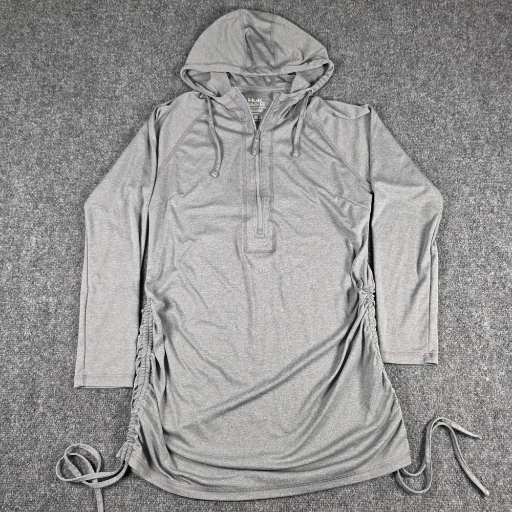 Huk Pursuit Cover Up Dress Hoodie Women M Gray Quarter Zip Performance Ruched